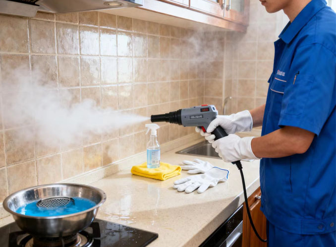 专业的家政人员使用高端蒸汽清洗设备作业